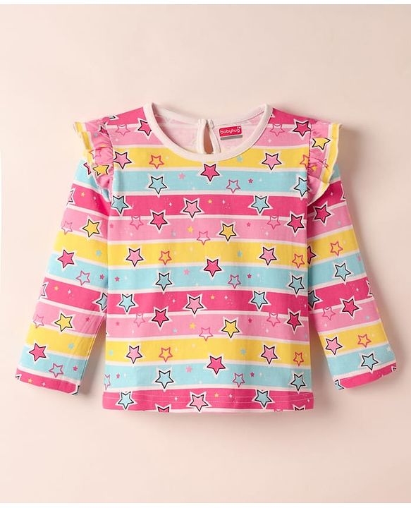 Babyhug 100% Cotton Knit Full Sleeves Striped T-Shirts with Star Polka Dots & Rainbow Print Pack of 3 - Pink Yellow & White