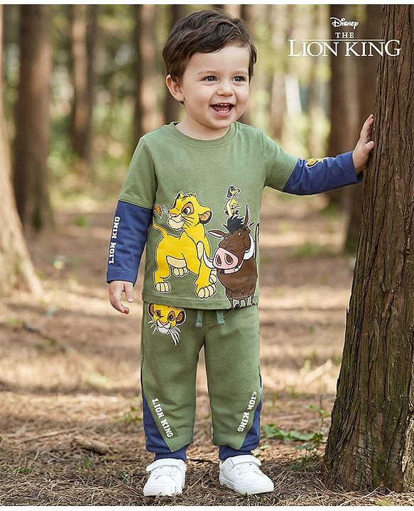 Babyhug Disney Single Jersey Knit Full Sleeve T-Shirts & Jogger with Lion King Graphic & Cut & Sew Design - Green & Blue