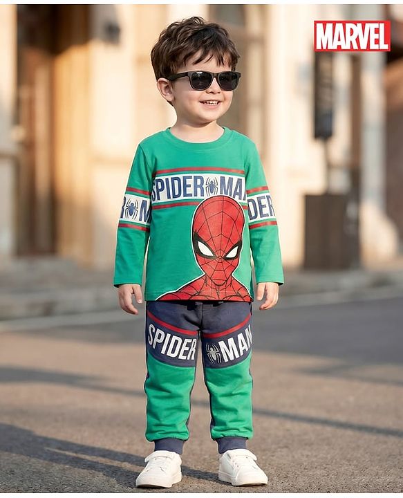Babyhug Marvel Single Jersey Knit Full Sleeves Cut & sew T-Shirt & Jogger Set with Spider-Man Graphics - Green & Navy Blue