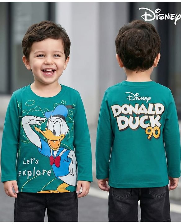 Babyhug Disney Single Jersey Knit Full Sleeves T-Shirt with Front and Back Donald Duck Graphics - Dark Green