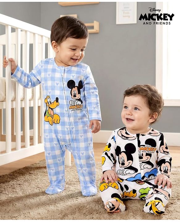 Babyhug Disney 100% Cotton Full Sleeves Footed Sleepsuit With Mickey & Friends Graphic Pack Of 2 - Multi Colour