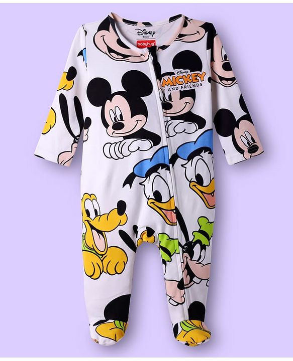 Babyhug Disney 100% Cotton Full Sleeves Footed Sleepsuit With Mickey & Friends Graphic Pack Of 2 - Multi Colour