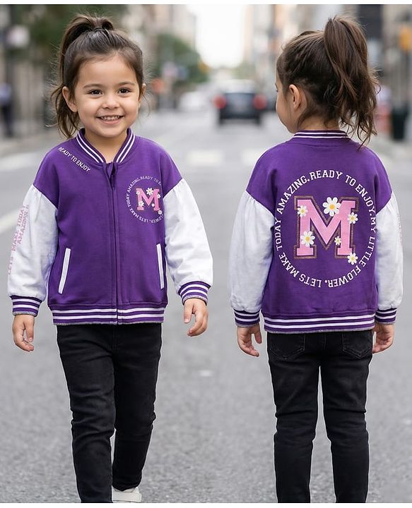 Babyhug Cotton Knit Full Sleeves Bomber Jacket With Text Print - Purple & White