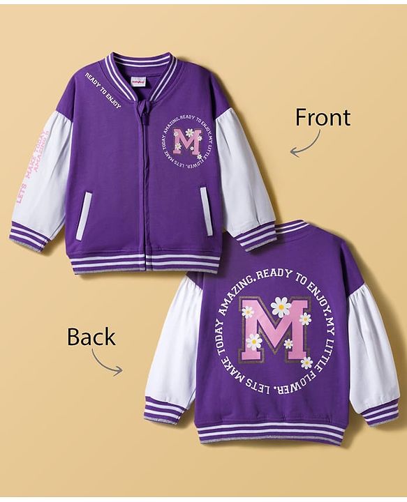 Babyhug Cotton Knit Full Sleeves Bomber Jacket With Text Print - Purple & White