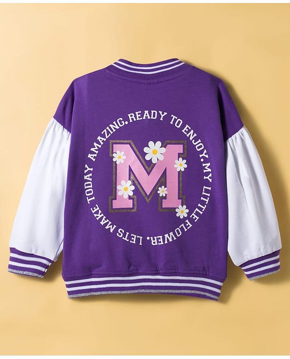Babyhug Cotton Knit Full Sleeves Bomber Jacket With Text Print - Purple & White