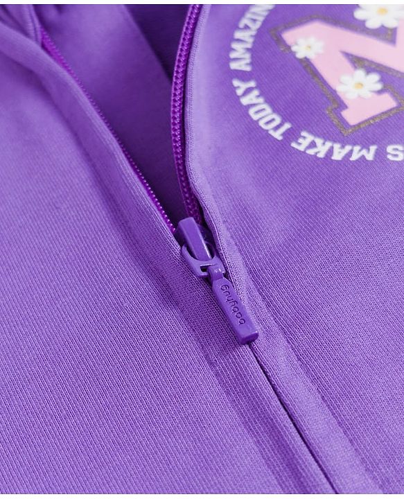 Babyhug Cotton Knit Full Sleeves Bomber Jacket With Text Print - Purple & White
