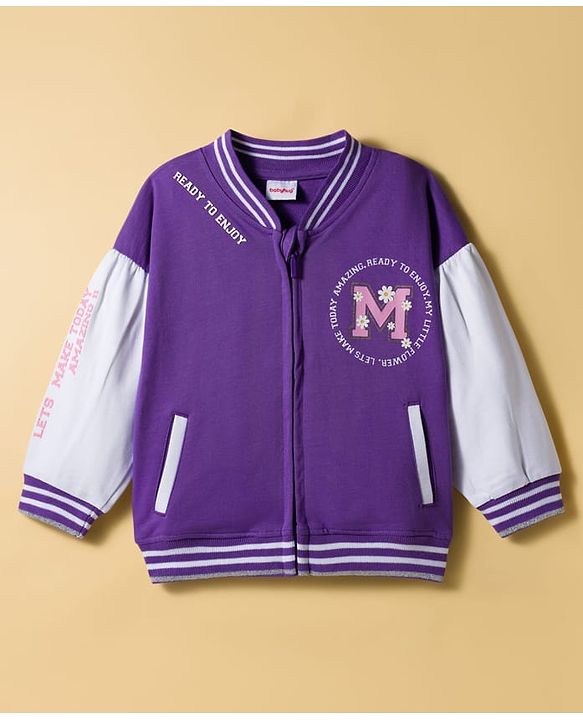 Babyhug Cotton Knit Full Sleeves Bomber Jacket With Text Print - Purple & White