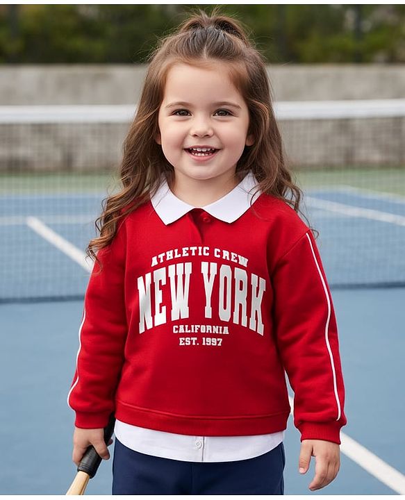 Babyhug Cotton Knit Full Sleeves Overlapped Sweatshirt With New York Print - Red