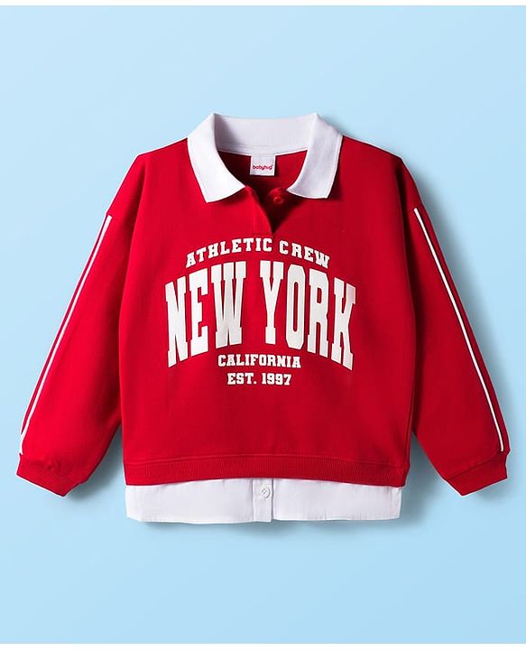 Babyhug Cotton Knit Full Sleeves Overlapped Sweatshirt With New York Print - Red
