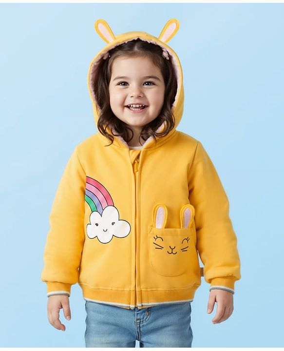 Babyhug Cotton Knit Full Sleeves Hooded Sweatjacket With Rainbow Graphics & Cat Embroidery - Yellow