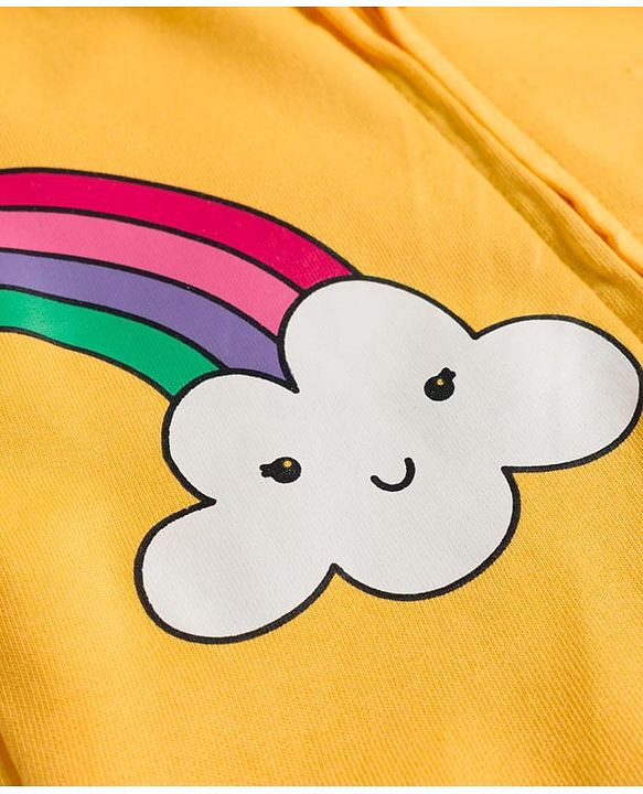 Babyhug Cotton Knit Full Sleeves Hooded Sweatjacket With Rainbow Graphics & Cat Embroidery - Yellow