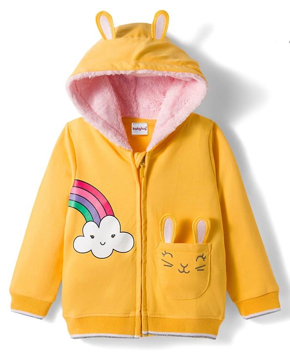 Babyhug Cotton Knit Full Sleeves Hooded Sweatjacket With Rainbow Graphics & Cat Embroidery - Yellow