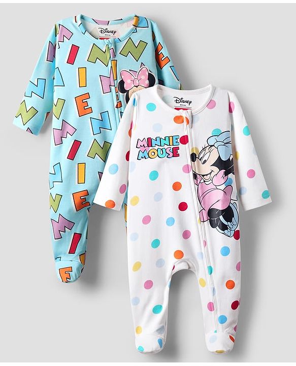 Babyhug Disney Interlock Knit Full Sleeves Footed Front Open Sleep Suits with Minnie Mouse Graphics Pack of 2 - White & Light Blue