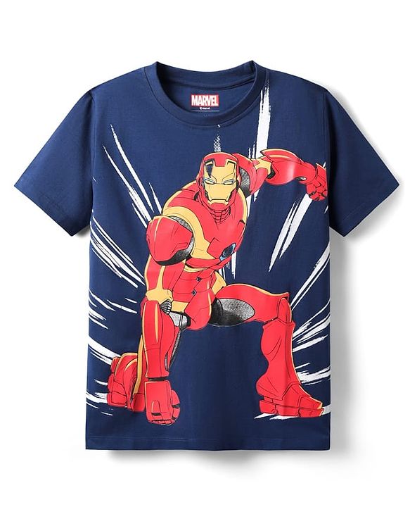 Pine Kids Marvel Single Jersey Knit Half Sleeves T-Shirt with Front and Back Iron Man Graphic - Navy Blue