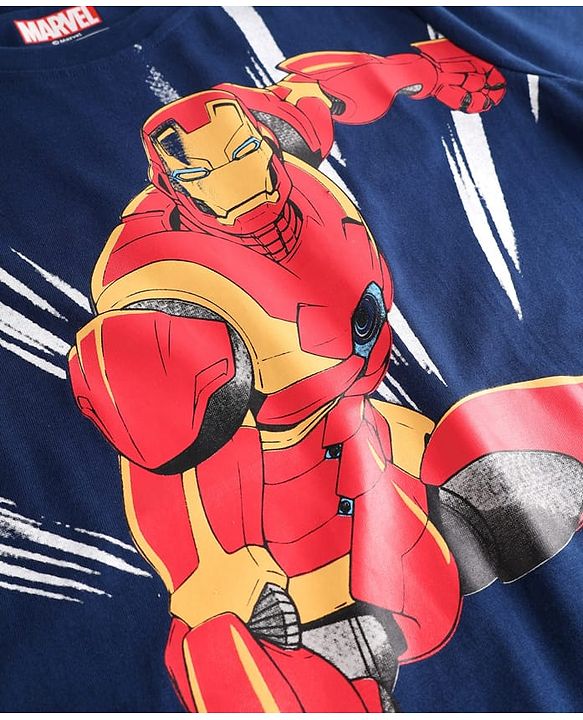 Pine Kids Marvel Single Jersey Knit Half Sleeves T-Shirt with Front and Back Iron Man Graphic - Navy Blue