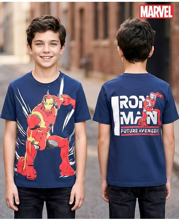 Pine Kids Marvel Single Jersey Knit Half Sleeves T-Shirt with Front and Back Iron Man Graphic - Navy Blue