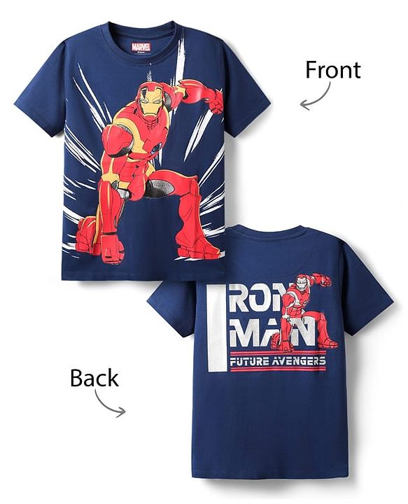 Pine Kids Marvel Single Jersey Knit Half Sleeves T-Shirt with Front and Back Iron Man Graphic - Navy Blue