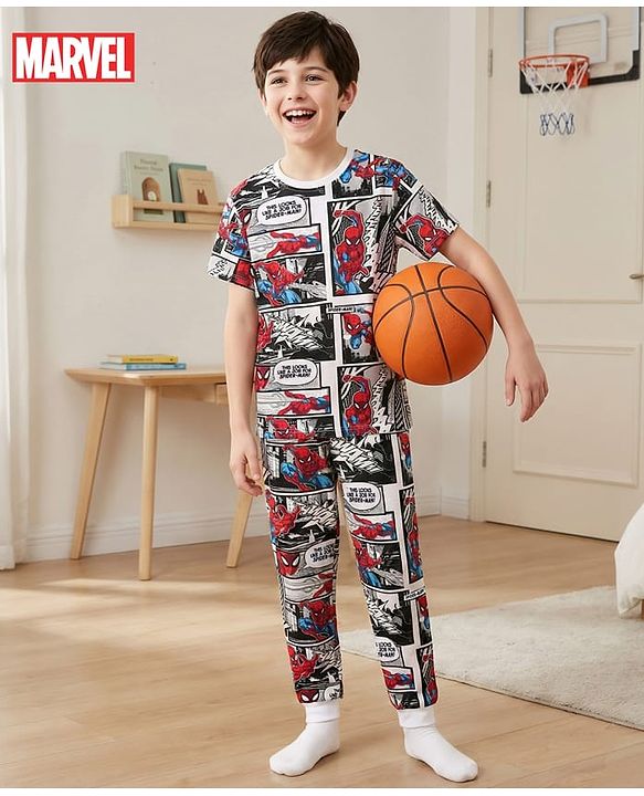 Pine Kids Marvel Single Jersey Knit Half Sleeves Co-ords Night Suit with Spider Man Graphics - Multicolor