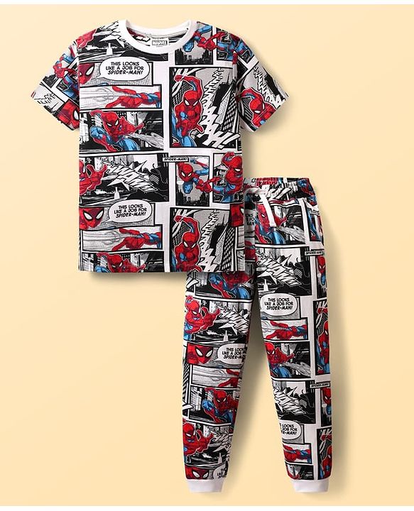 Pine Kids Marvel Single Jersey Knit Half Sleeves Co-ords Night Suit with Spider Man Graphics - Multicolor