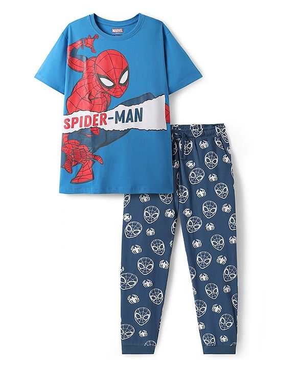Pine Kids Marvel Single Jersey Knit Half Sleeves Night Suit with Spider Man Graphics - Blue