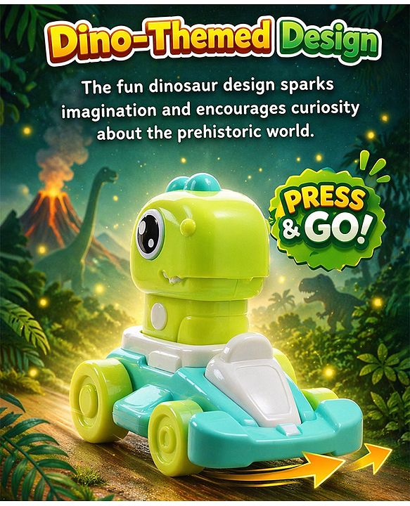 Babyhug Press & Go Dinosaur Toy Car for Kids - Green Battery Free Push & Go Animal Car Toy Motor Skill Development & Fun Play Imaginative Play| Gifting Option BIS Certified