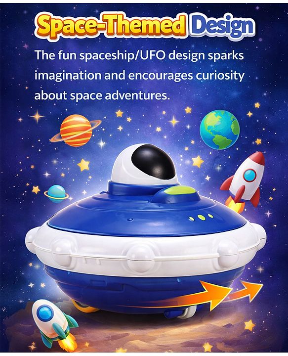 Babyhug Press & Go Spaceship Toy for Kids - Blue| Battery-Free Push & Go Toy| Space-Themed Toy for Motor Skill Development & Fun Play| Imaginative Play| Gifting Option