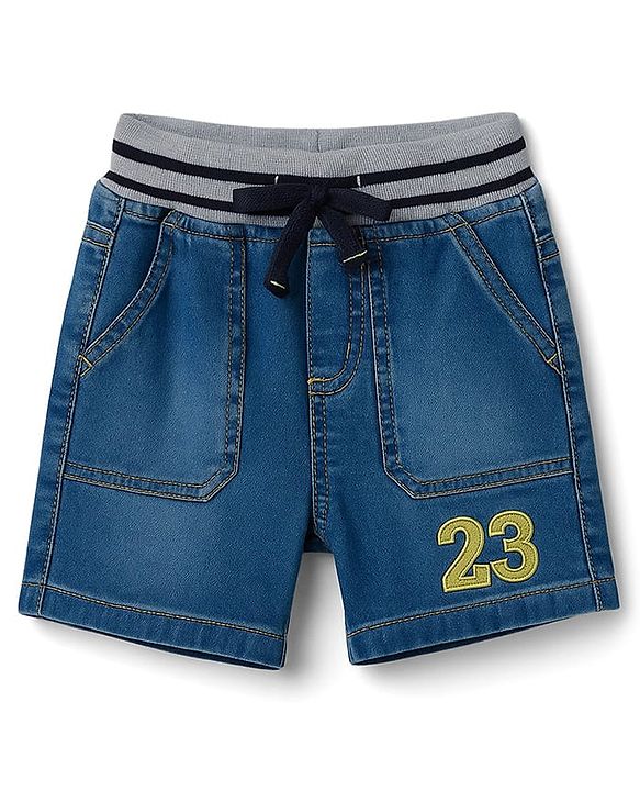 Babyhug Denim Mid Thigh Shorts With Number Embriodery - Blue