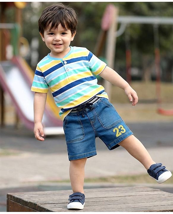Babyhug Denim Mid Thigh Shorts With Number Embriodery - Blue