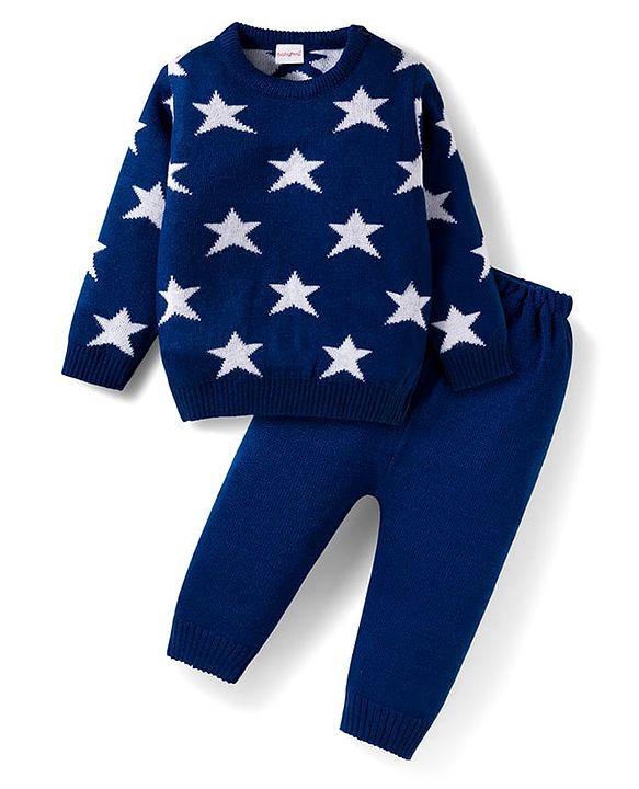 Babyhug Knit Full Sleeves Sweater Set with Star Design - Navy Blue
