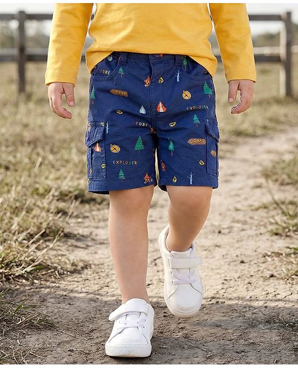 Babyhug Twill Woven Above Knee Length Bermuda With Stretch & Tree Print - Navy Blue