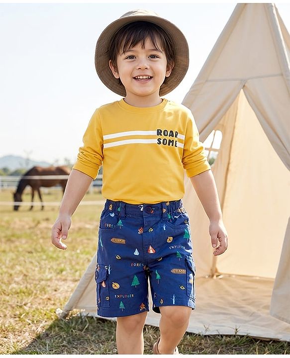 Babyhug Twill Woven Above Knee Length Bermuda With Stretch & Tree Print - Navy Blue