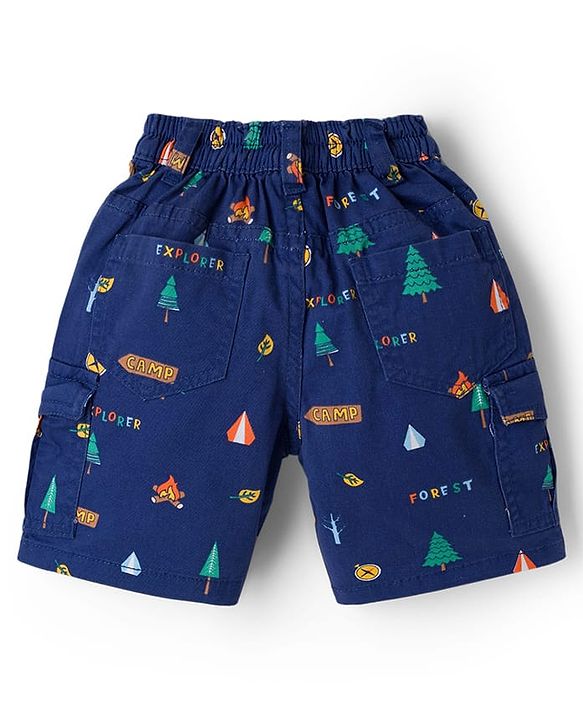 Babyhug Twill Woven Above Knee Length Bermuda With Stretch & Tree Print - Navy Blue