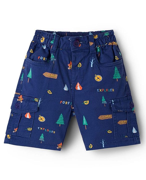 Babyhug Twill Woven Above Knee Length Bermuda With Stretch & Tree Print - Navy Blue