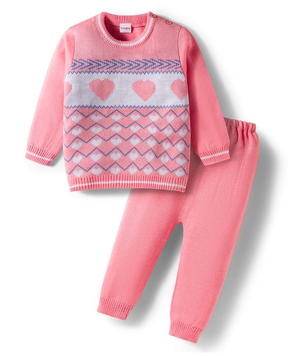 Babyhug Knitted Full Sleeves Sweater Set With Heart Design - Pink