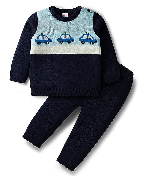 Babyhug Knit Full Sleeves Sweater Set with Police Car Print - Navy Blue