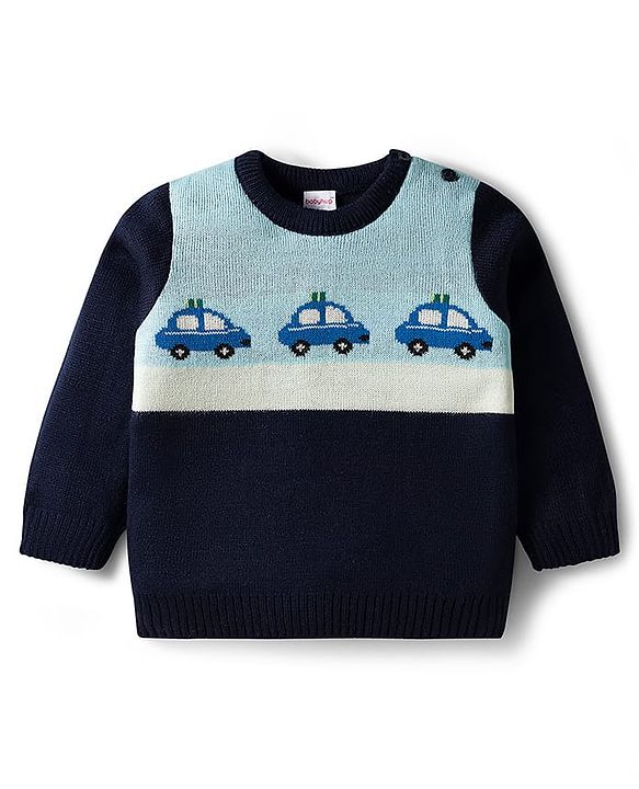 Babyhug Knit Full Sleeves Sweater Set with Police Car Print - Navy Blue