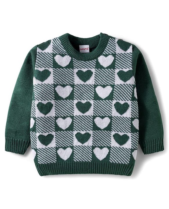 Babyhug Knit Full Sleeves Sweater Set With Heart Design - Green