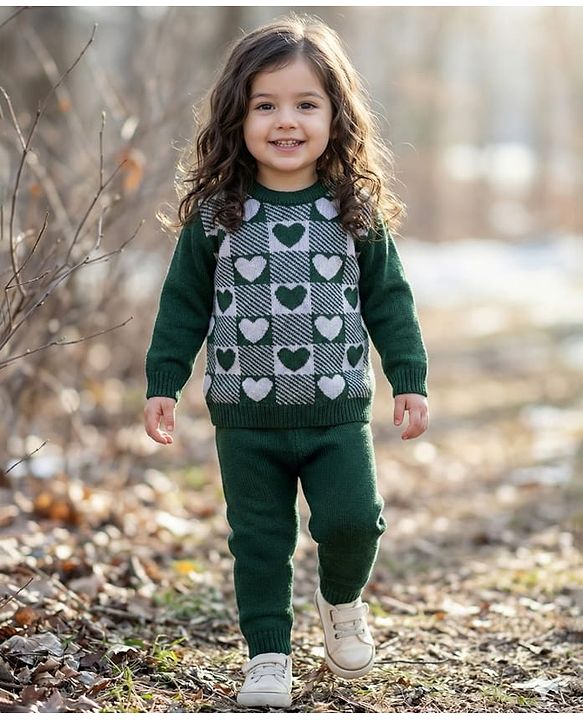 Babyhug Knit Full Sleeves Sweater Set With Heart Design - Green