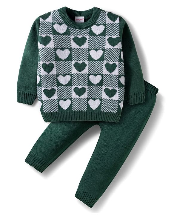 Babyhug Knit Full Sleeves Sweater Set With Heart Design - Green
