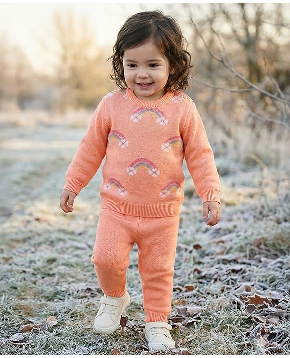 Babyhug Knit Full Sleeves Pullover Sweater Set With Rainbow Design - Multi Colour