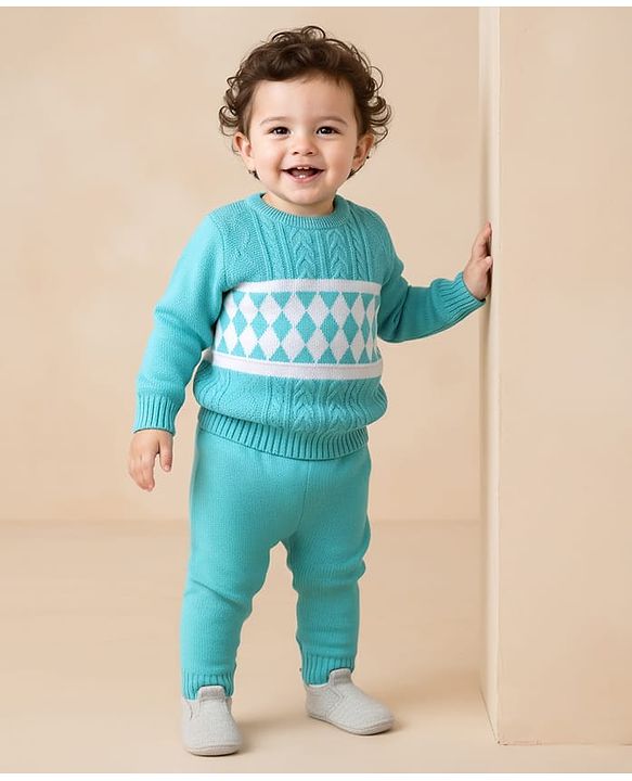 Babyhug Knit Full Sleeves Sweater Set With Cable Knit Design - Aqua Blue