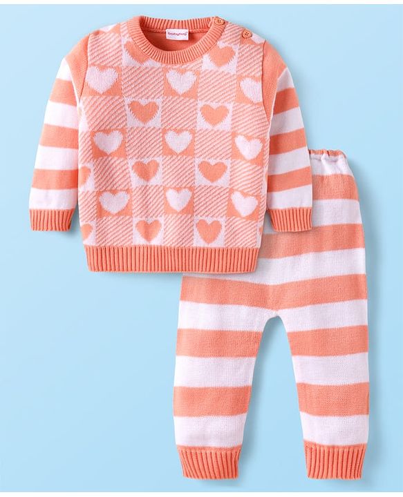 Babyhug Knit Full Sleeves Pullover Sweater Set With Heart & Stripes Design - Pink
