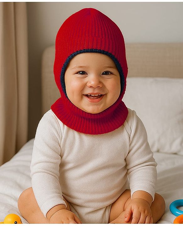 Babyhug Knit Solid Color Woollen Reversible Monkey Cap Red - Diameter 13 cm