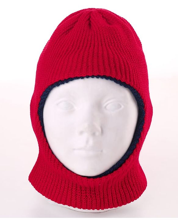 Babyhug Knit Solid Color Woollen Reversible Monkey Cap Red - Diameter 13 cm