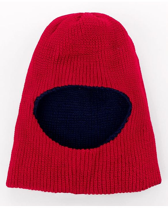 Babyhug Knit Solid Color Woollen Reversible Monkey Cap Red - Diameter 13 cm