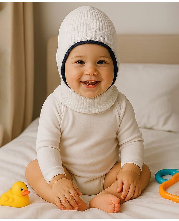 Babyhug Woollen Knit Solid Dyed Reversible Monkey Cap White & Black - Diameter 12 cm