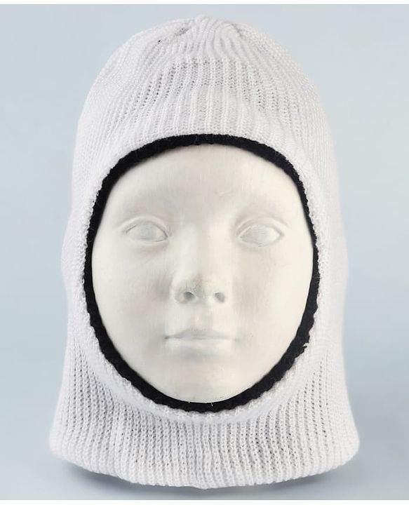 Babyhug Woollen Knit Solid Dyed Monkey Cap White & Black - Diameter 14 cm