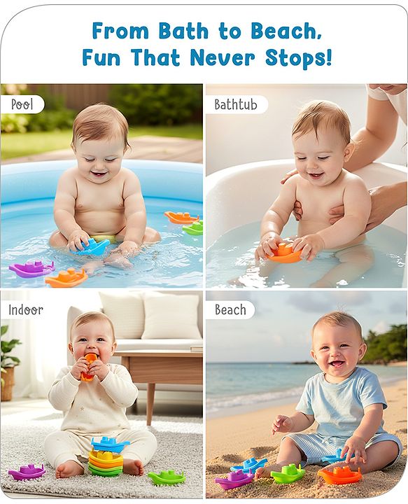 Babyhug Bath Time Floating Boats| Bath Toys for Kids| 10 Boats| Multi-Color Toddler Activity Toy| Baby Tub Toy