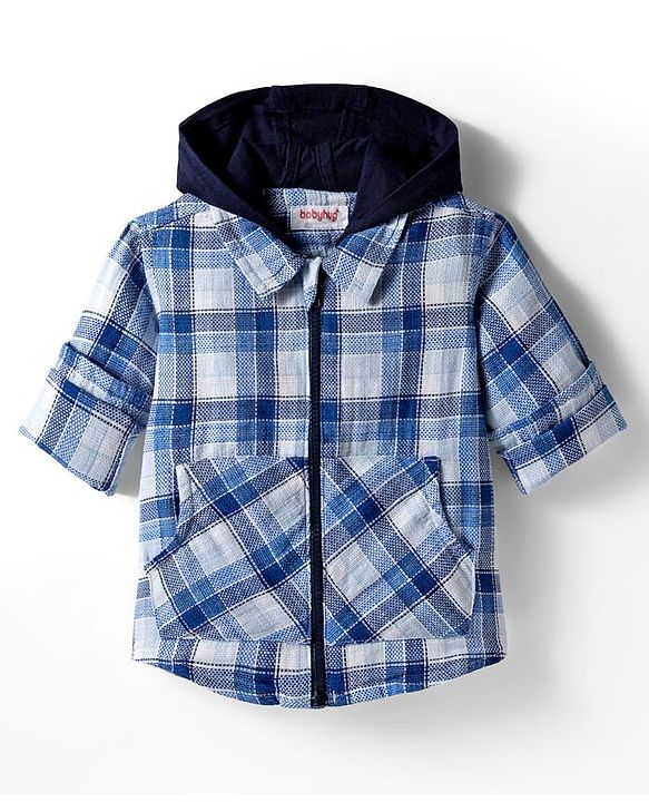 Babyhug Cotton Woven Full Sleeve Hooded Shirt with Kangaroo Pocket & Tartan Checks - Blue