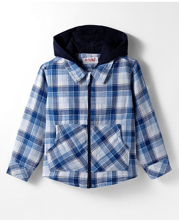 Babyhug Cotton Woven Full Sleeve Hooded Shirt with Kangaroo Pocket & Tartan Checks - Blue